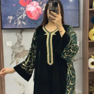 قفطان وكيمونو مغربي بتصميم مخزني فاخر - طرزة المخ والعقاد الأصيلة (Copie)